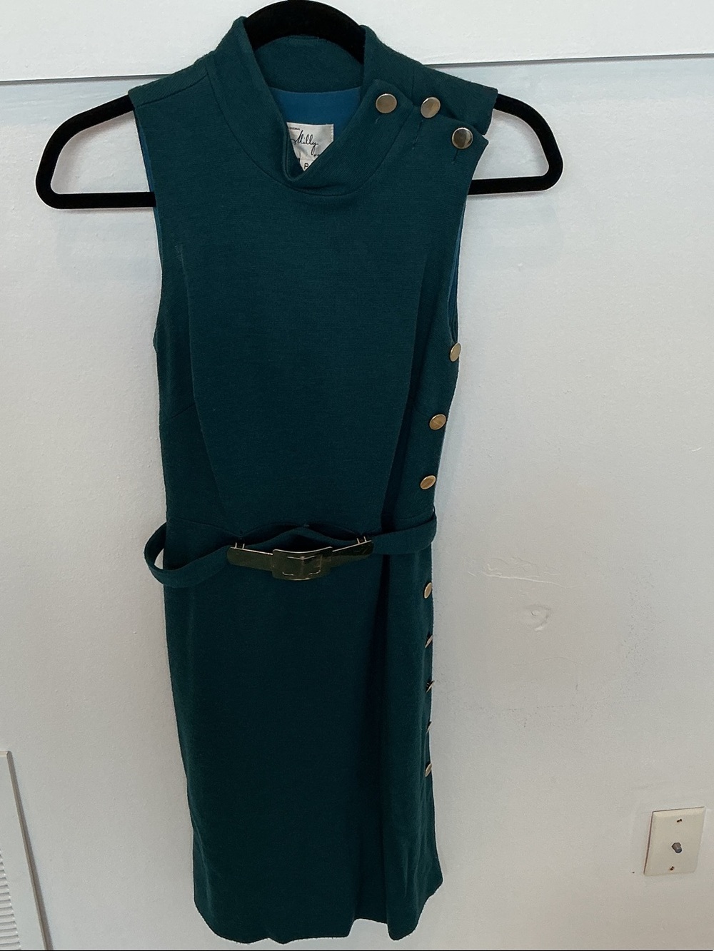 Milly of New York Teal Sleeveless Belted Shift Dress with Gold Buttons